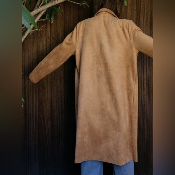Zara Camel Brown Faux Suede Lightweight Midi Trench Coat EUC size S - Picture 5 of 16